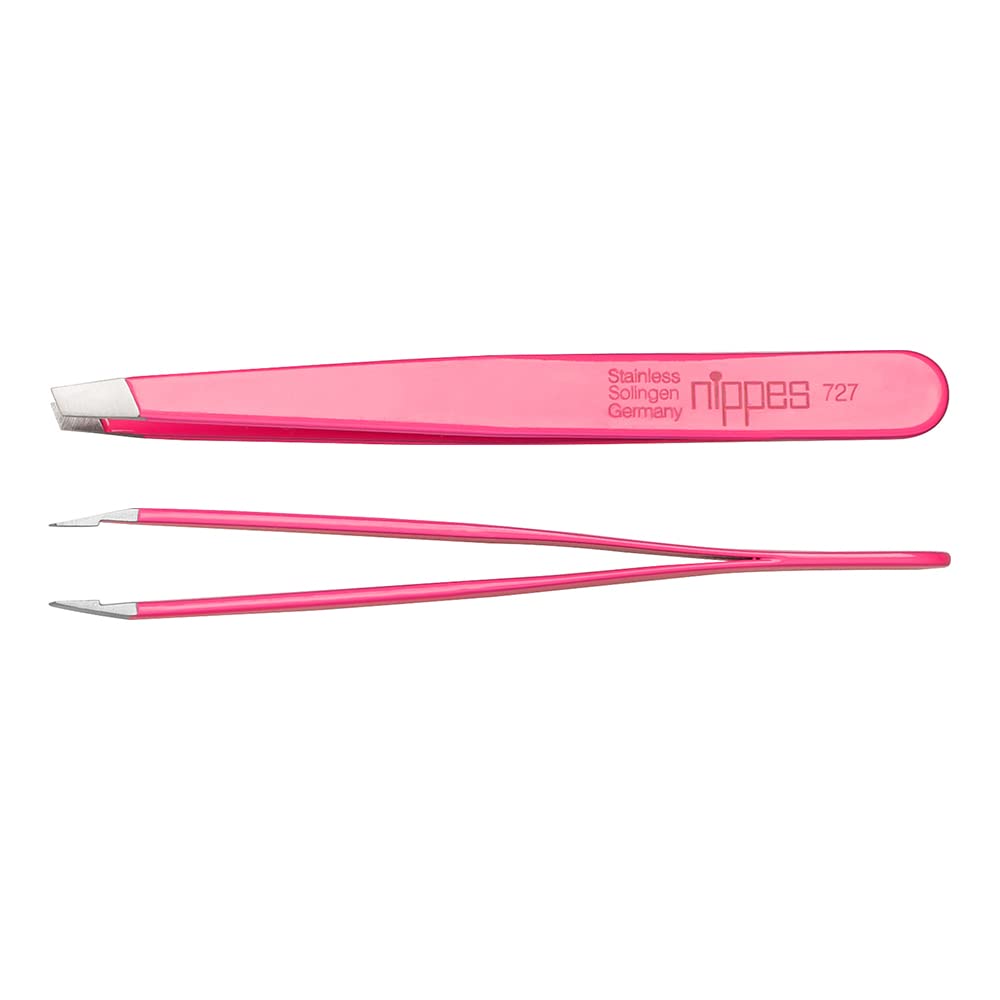 Nippes Stainless Steel Slant Pink Tweezers – for Eyebrows, Eyelashes, Extensions [9.5 CM]