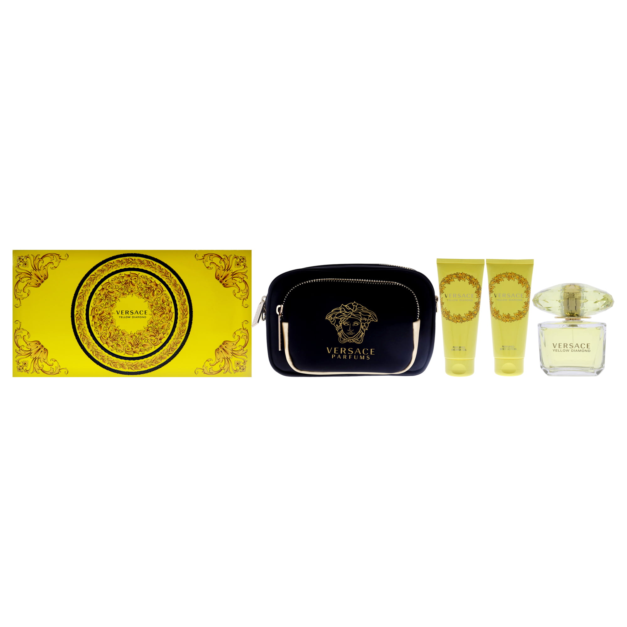 Versace Yellow Diamond by Versace for Women – 4 Pc Gift Set 3oz EDT Spray, 3.4oz Shower Gel, 3.4oz Body Lotion, Pouch